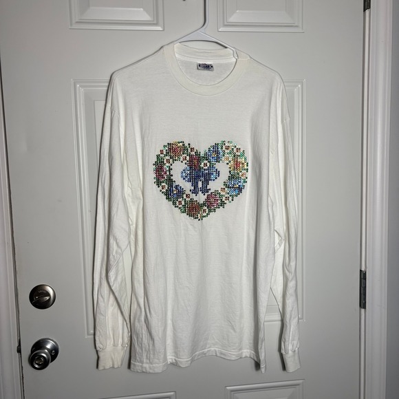 Hanes Tops - Vintage Hanes Beefy-T White Long Sleeve Sequin Heart Floral Shirt Large L